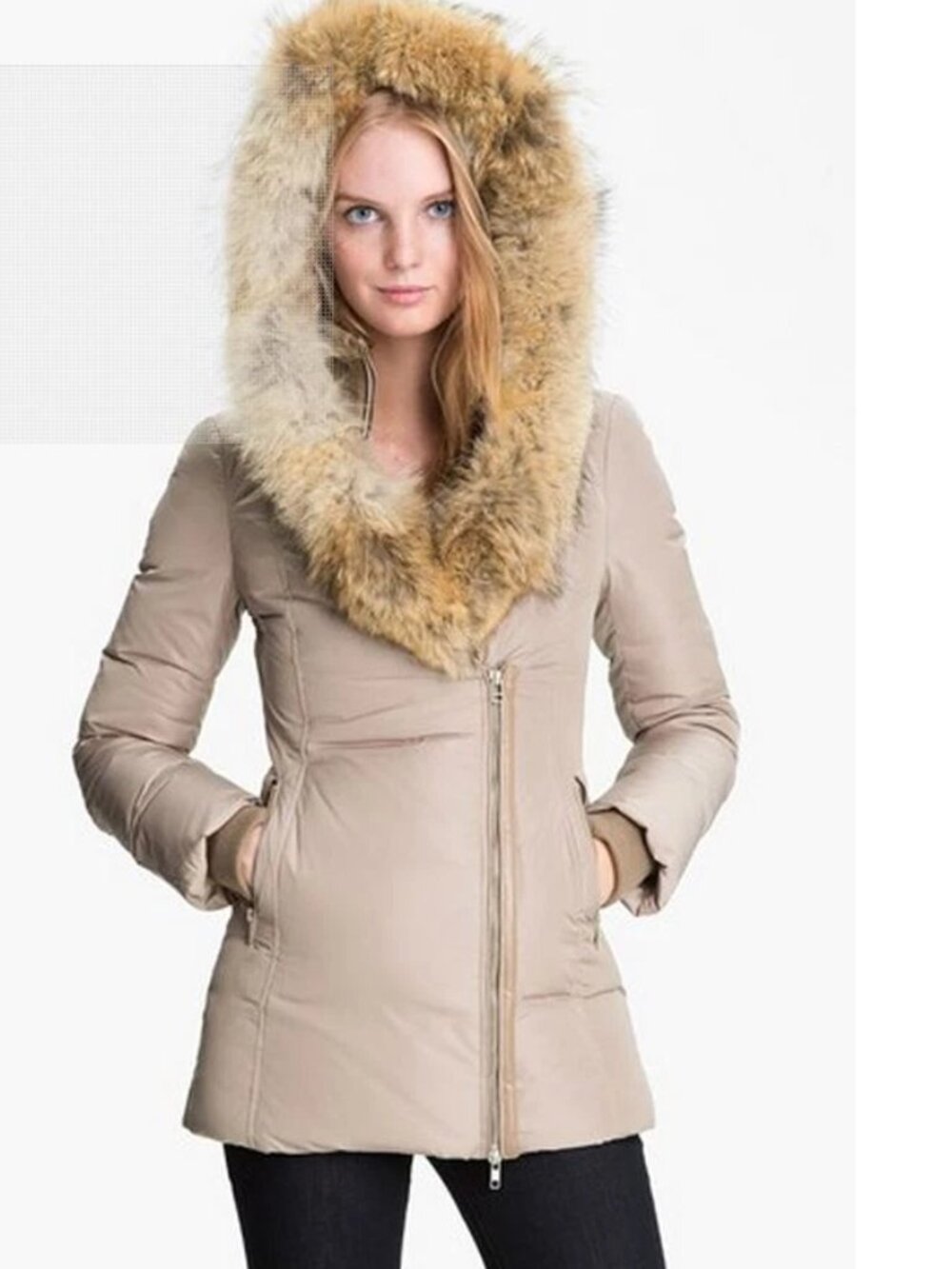 Mackage Women's M Taupe Down Coat Coyote Rabbit Fur Hood Asym Zip